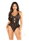 Floral Lace Halter Bodysuit with Mini Bow and Flutter Accent OS Black, showcasing lace design and playful accents.