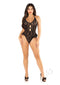 Floral Lace Halter Bodysuit with Mini Bow and Flutter Accent OS Black on model, showcasing the playful design and sultry fit.