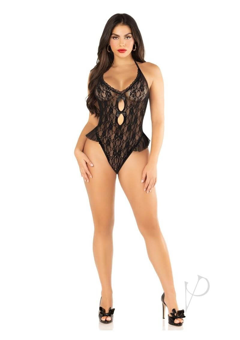 Floral Lace Halter Bodysuit with Mini Bow and Flutter Accent OS Black on model, showcasing the playful design and sultry fit.