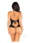 Floral Lace Halter Bodysuit with Mini Bow and Flutter Accent OS Black shown from the back, highlighting its flirty design.