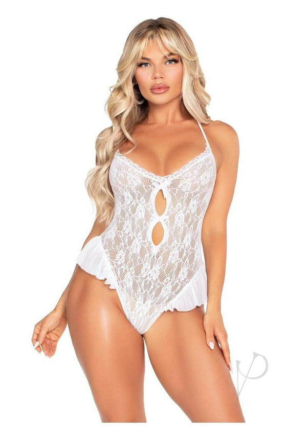 Floral lace halter bodysuit in white with mini bow, featuring adjustable tie backs and ruffle accents.