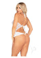 Floral lace halter bodysuit in white with mini bow and adjustable tie-back, showcasing a playful and sexy design.