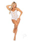 Floral lace halter bodysuit with mini bow in white, featuring a keyhole design and flirty ruffle accents.