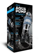 Zolo Aquapump Compact Silicone Penis Pump Black and Blue packaging showcasing its all-in-one design and features.