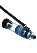 Zolo Aquapump Pro Silicone Penis Pump Black/Blue with strap and pump mechanism for precise pressure control.