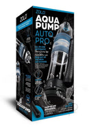 Zolo Aquapump Auto Pro Silicone Penis Pump Black/Blue packaging displaying features and usage options.