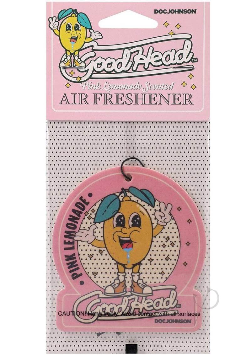 Goodhead air freshener in pink lemonade scent, featuring a cartoon lemon character on packaging.