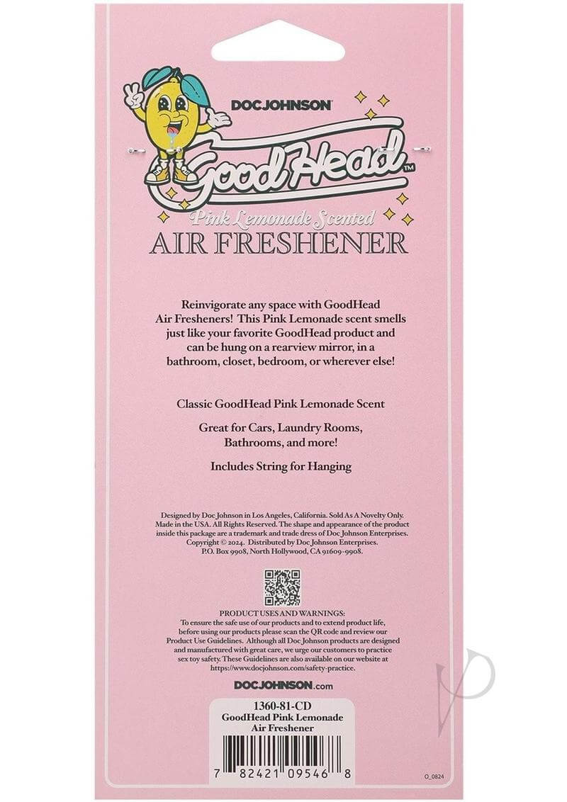 Goodhead Air Freshener back packaging featuring Pink Lemonade scent, ideal for any space with a hanging string.