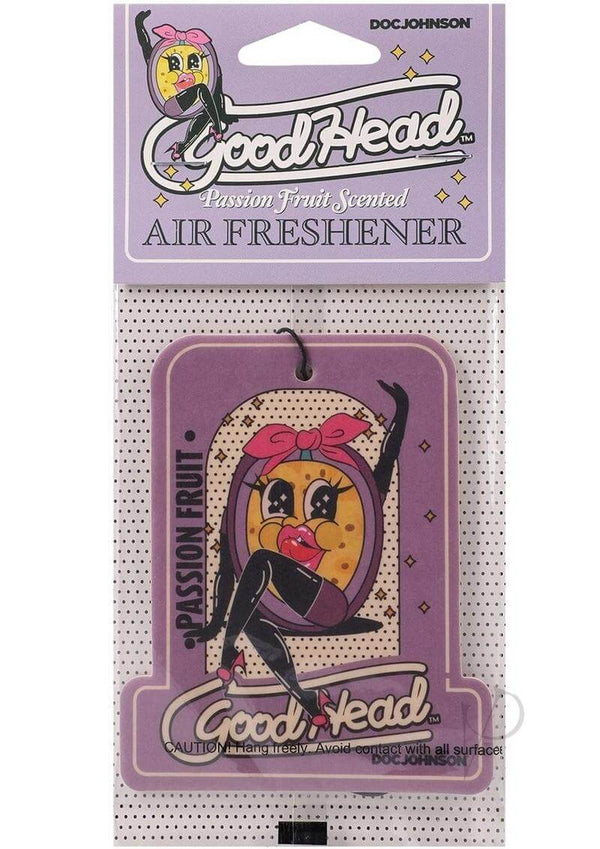 Goodhead Air Freshener in Passion Fruit scent, featuring a playful design on a vibrant purple background.