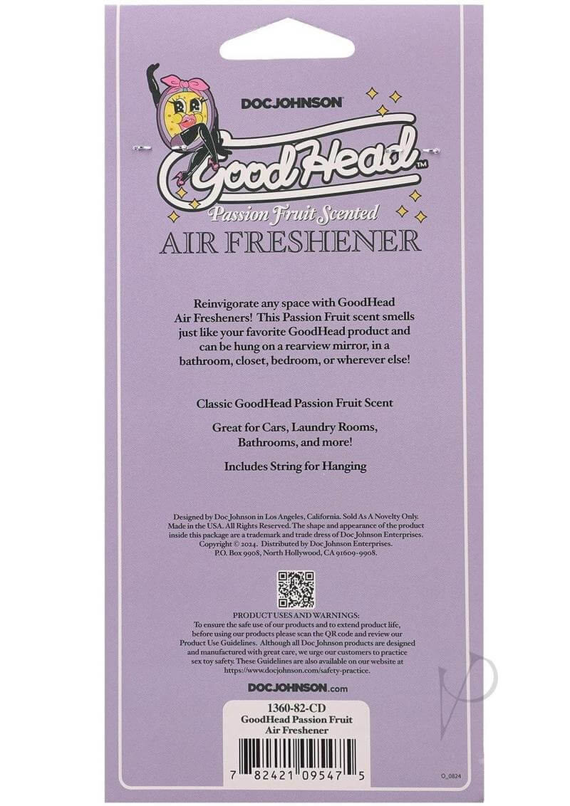 Goodhead Passion Fruit Air Freshener back packaging, highlighting tropical scent and hanging features.