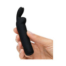 Happy Rabbit Silicone Bullet Vibrator With Ears Black held in a hand, showcasing the ergonomic design and bunny ears.