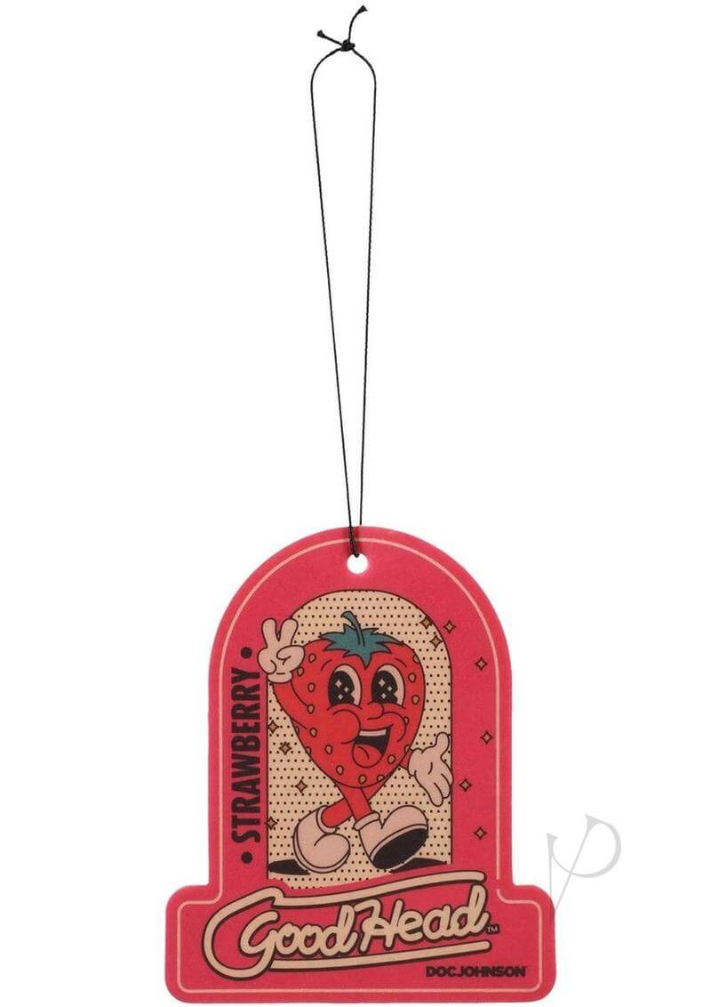 Goodhead Air Freshener in Strawberry scent, featuring a cartoon strawberry design, perfect for freshening up any space.