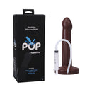 Tantus Pop Squirting Dildo Espresso with syringe and packaging, showcasing its sleek design and features.
