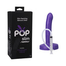 Tantus Pop Slim Squirting Dildo Indiglow with syringe and packaging for realistic ejaculation play.