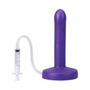 Tantus Pop Slim Squirting Dildo Indiglow with syringe for realistic ejaculation play.