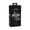 Tantus Pop N' Play Squirting Packer Espresso packaging with squirting function features and included items.
