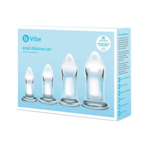 b-Vibe 4 Piece Anal Dilators Glass Plug Set displayed in elegant packaging, highlighting the glass anal plugs.