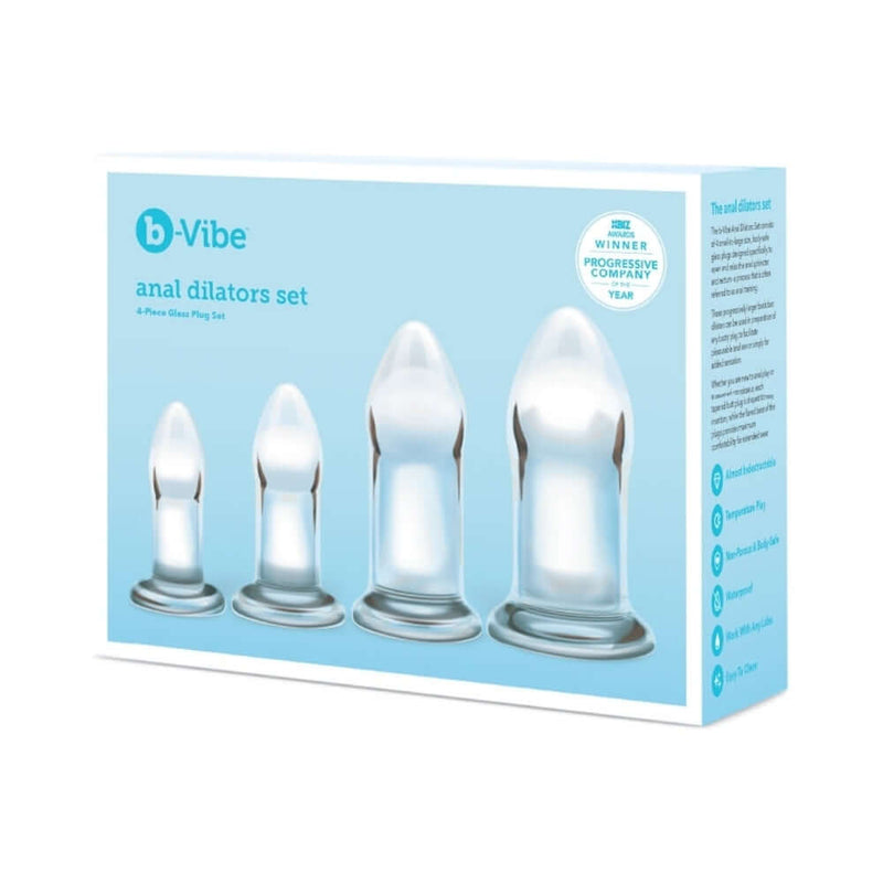b-Vibe 4 Piece Anal Dilators Glass Plug Set displayed in elegant packaging, highlighting the glass anal plugs.