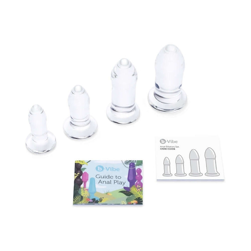 b-Vibe 4 Piece Anal Dilators Glass Plug Set featuring four glass plugs and a guide to anal play.