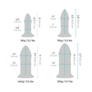 b-Vibe 4 Piece Anal Dilators Glass Plug Set size dimensions and weight chart showing all four plugs.