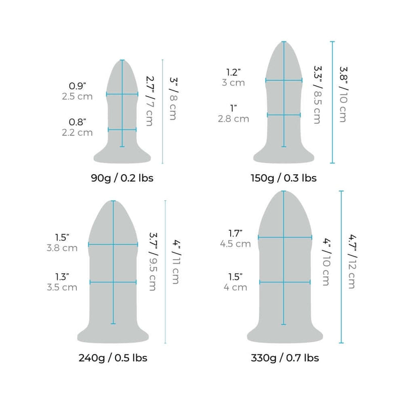 b-Vibe 4 Piece Anal Dilators Glass Plug Set size dimensions and weight chart showing all four plugs.