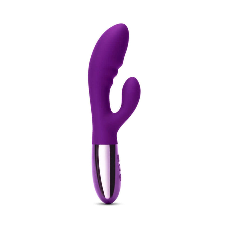 Le Wand Blend Double Motor Rabbit Vibrator Dark Cherry in purple silicone, designed for simultaneous clitoral and G-spot stimulation.