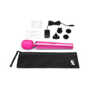 Le Wand Rechargeable Vibrating Massager Magenta with accessories and storage pouch.