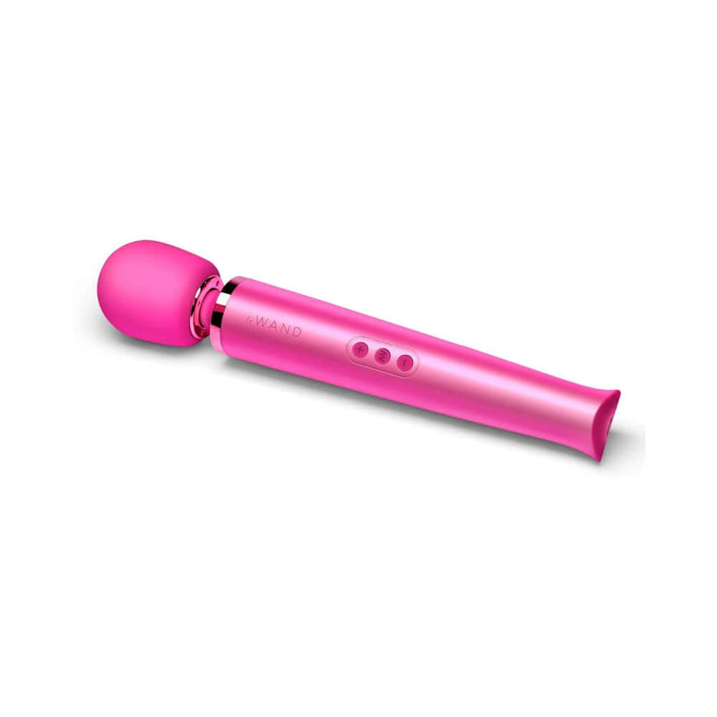 Le Wand Rechargeable Vibrating Massager Magenta sleek design with soft pink head and controls for customizable pleasure.