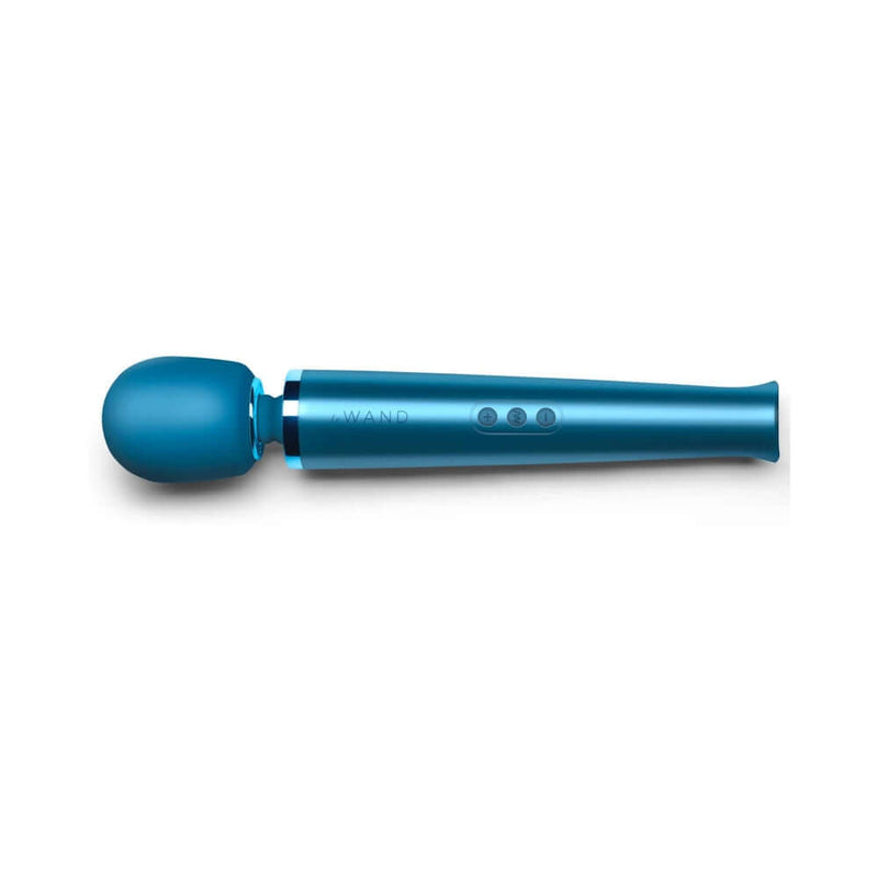 Le Wand Rechargeable Vibrating Massager Pacific Blue with three control buttons for customizable vibration settings.