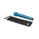 Le Wand Rechargeable Vibrating Massager Pacific Blue with a black storage pouch for easy travel.