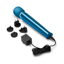 Le Wand Rechargeable Vibrating Massager Pacific Blue with charging accessories and plug adapters.