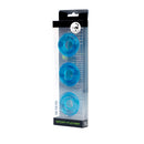 Sport Fucker SF Rubber Cockring 3 Pack Ice Blue in packaging showing three stretchy blue rings.