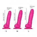 Strap-On-Me Sliding Skin Realistic Dildo Fuchsia Medium with size comparisons and measurements for S, M, and L.