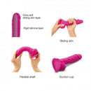 Strap-On-Me Sliding Skin Realistic Dildo Fuchsia Medium showcasing features like flexible shaft and suction cup.