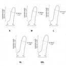 Strap-On-Me Sliding Skin Realistic Dildo Fuchsia Medium size chart with dimensions for S, M, L, XL, and XXL
