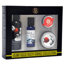 Hemp Seed Tasty Travel Collection Strawberry featuring massage oil, moisturizer, and sensual balm in travel packaging.