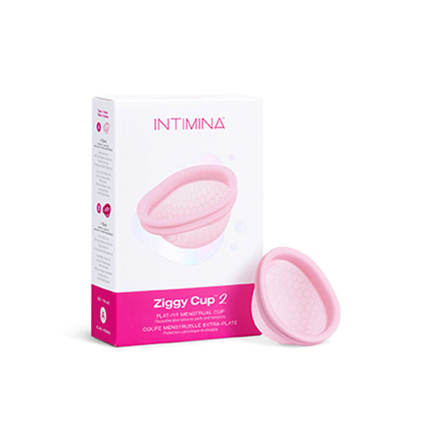 INTIMINA Ziggy Cup 2 Flat Fit Menstrual Cup Size A packaging with cup in pink, designed for comfort during menstruation.