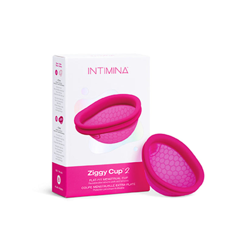 INTIMINA Ziggy Cup 2 Flat Fit Menstrual Cup Size B in pink packaging and product display.