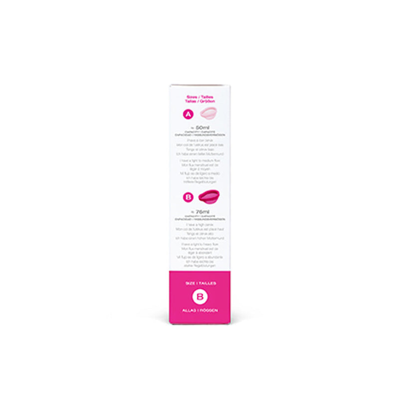 INTIMINA Ziggy Cup 2 Flat Fit Menstrual Cup Size B product packaging showcasing details and sizes.