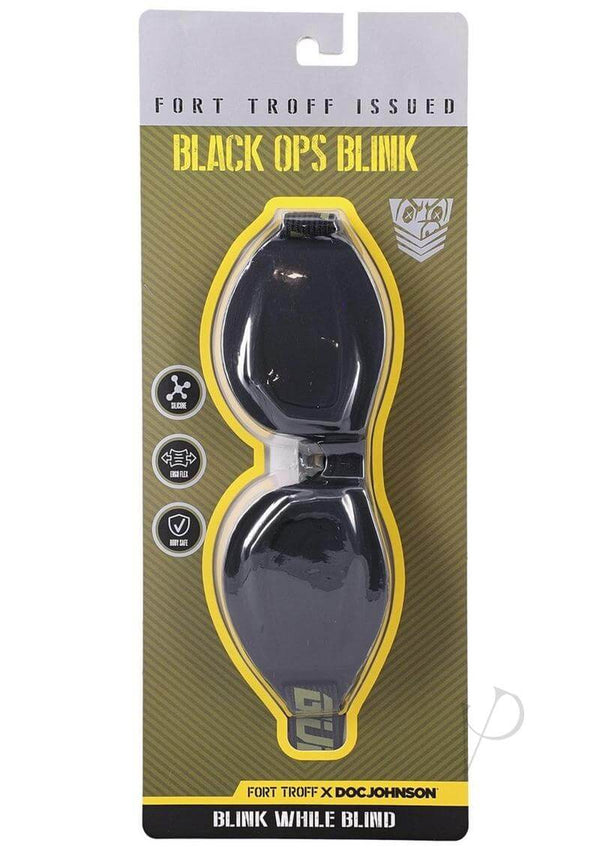 Fort Troff Black Ops Blink blindfold package showing flexible fit design and body-safe silicone material.