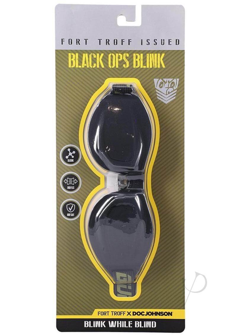 Fort Troff Black Ops Blink blindfold package showing flexible fit design and body-safe silicone material.