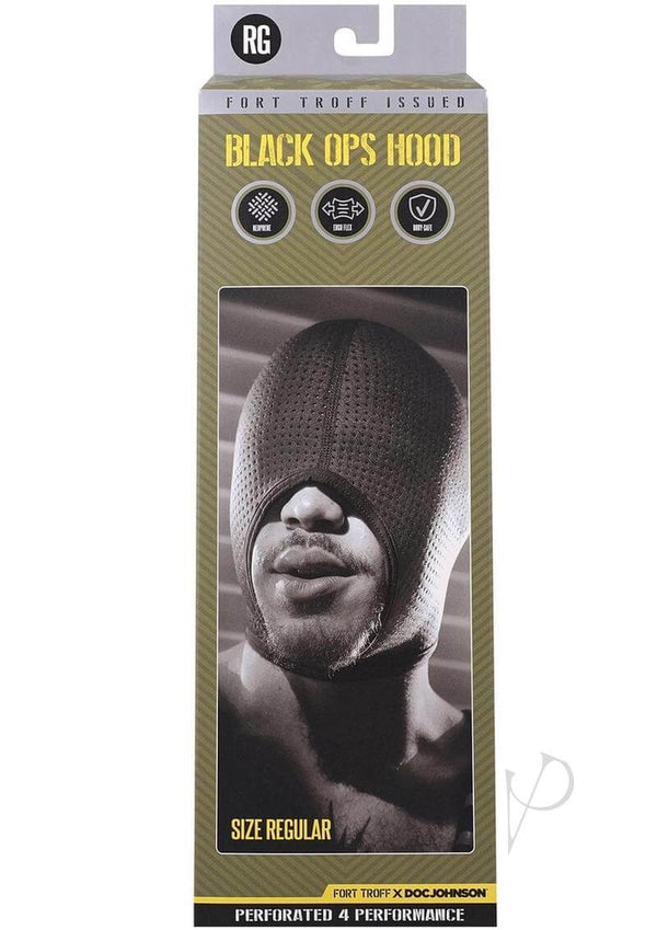 Fort Troff Black Ops Hood Regular Size packaging with model wearing breathable neoprene hood.