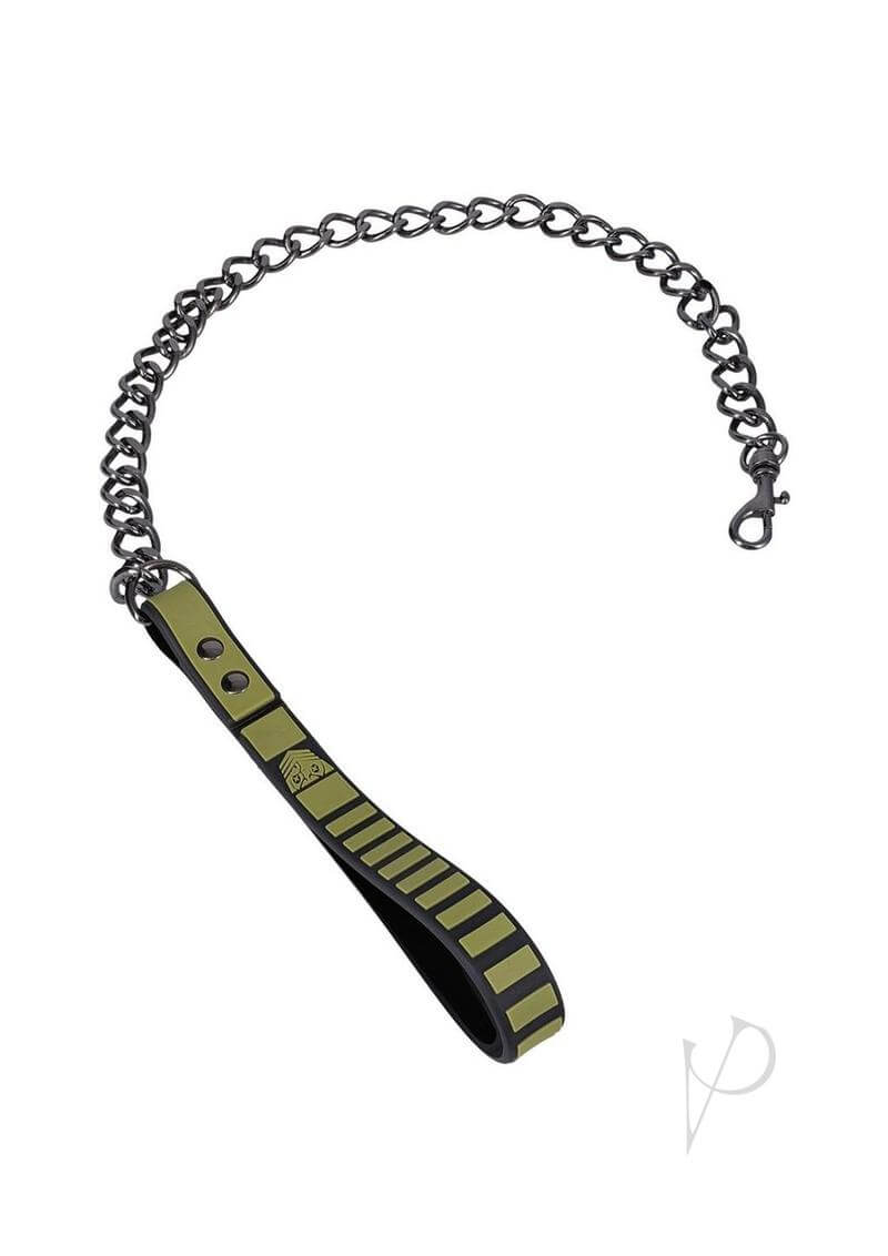 Black and yellow tactical leash featuring a sturdy chain and a cushioned handle for secure grip.