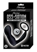 Ass-Sation Silicone Prostate Stimulator with Cock Ring Black packaging displaying ergonomic design and 10 function remote.
