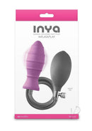 Inya InflataPlay Silicone Inflatable Anal Plug Pink packaging featuring a purple inflatable plug and pump.