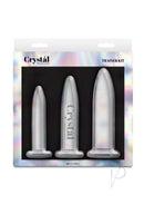 Crystal Trainer Glass Anal Plugs Kit 3 Piece Set Clear displayed in packaging for sensual exploration and comfort.