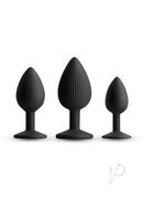 Renegade Triple Ace Silicone Anal Plugs Kit 3 Piece Black showing three sizes of flexible plugs.