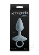 Renegade Orion Rechargeable Silicone Anal Plug Gray packaging displaying actual size and elegant design.