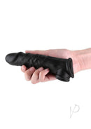 Renegade Annex Silicone Penis Extension Thin Black held in hand, showcasing its realistic design and textured surface.