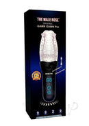 The Male Rose Pro Thrusting Rotating Masturbator Black/Clear packaging with automatic thrusting feature.
